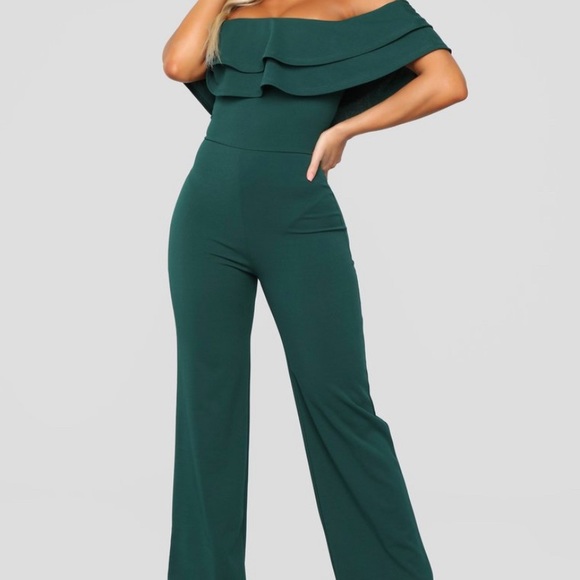 Fashion Nova Pants - Off the Shoulder Ruffle Jumpsuit (hunter green)
